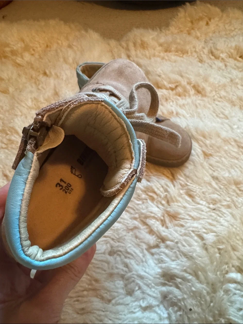 Birkenstock Kids Tan Suede High-Top Boots with Light Blue Trim